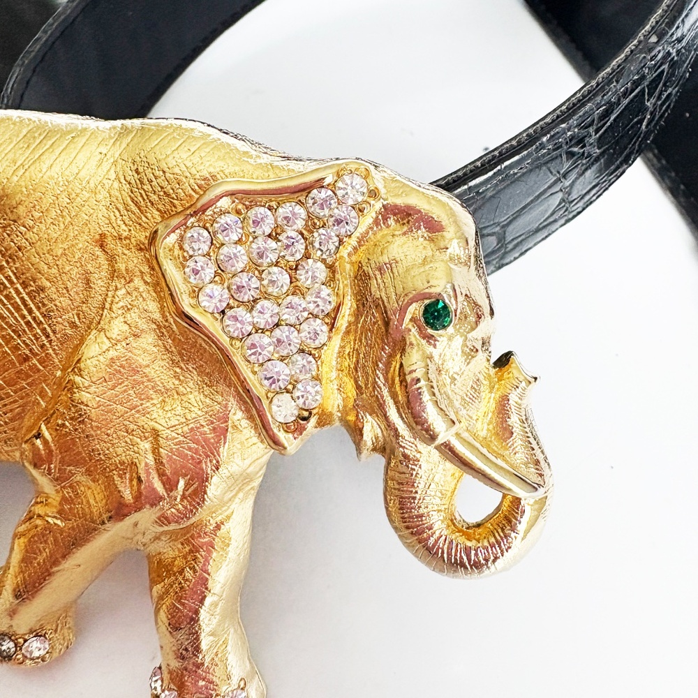Elephant Belt Buckle with Rhinestones Vintage Retro 1980s with Croc Stamp Strap - Picture 8 of 12